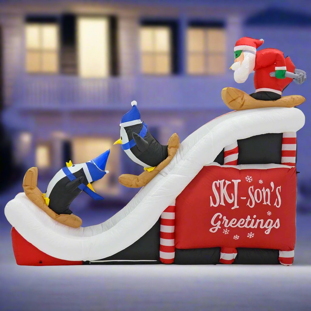 Mr Crimbo 9ft LED Inflatable Santa Ski Jump Penguins Decoration