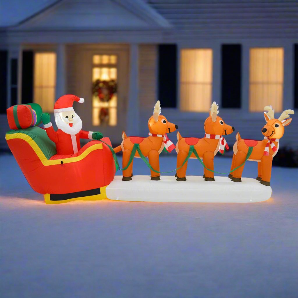 Mr Crimbo 10ft LED Inflatable Santa Sleigh 3 Reindeer Decoration