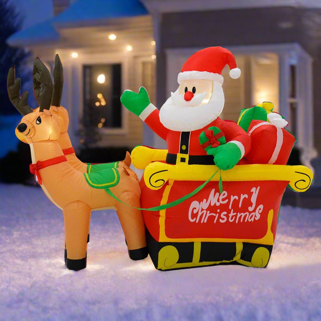 Mr Crimbo 6ft LED Inflatable Santa Sleigh 2 Reindeer Decoration