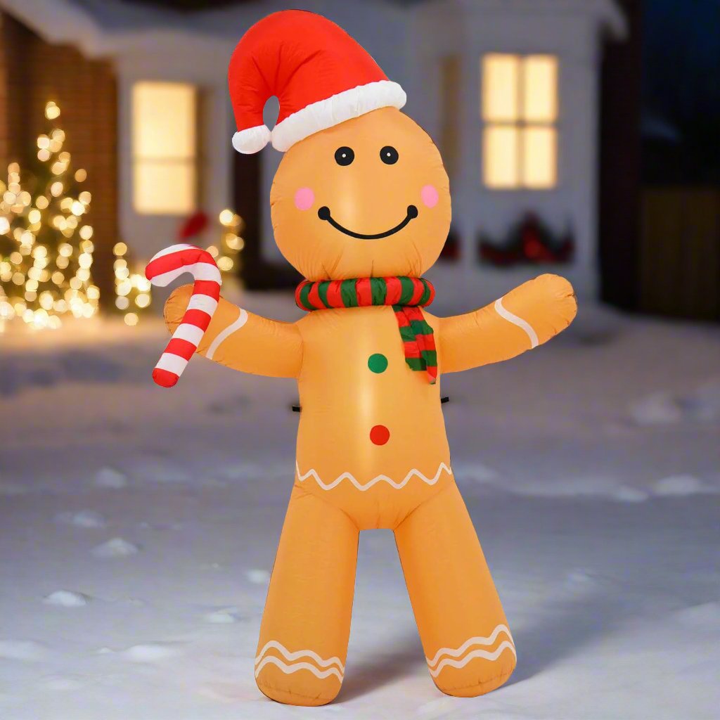 Mr Crimbo 8ft Inflatable Gingerbread Man Candy Cane LED Decoration