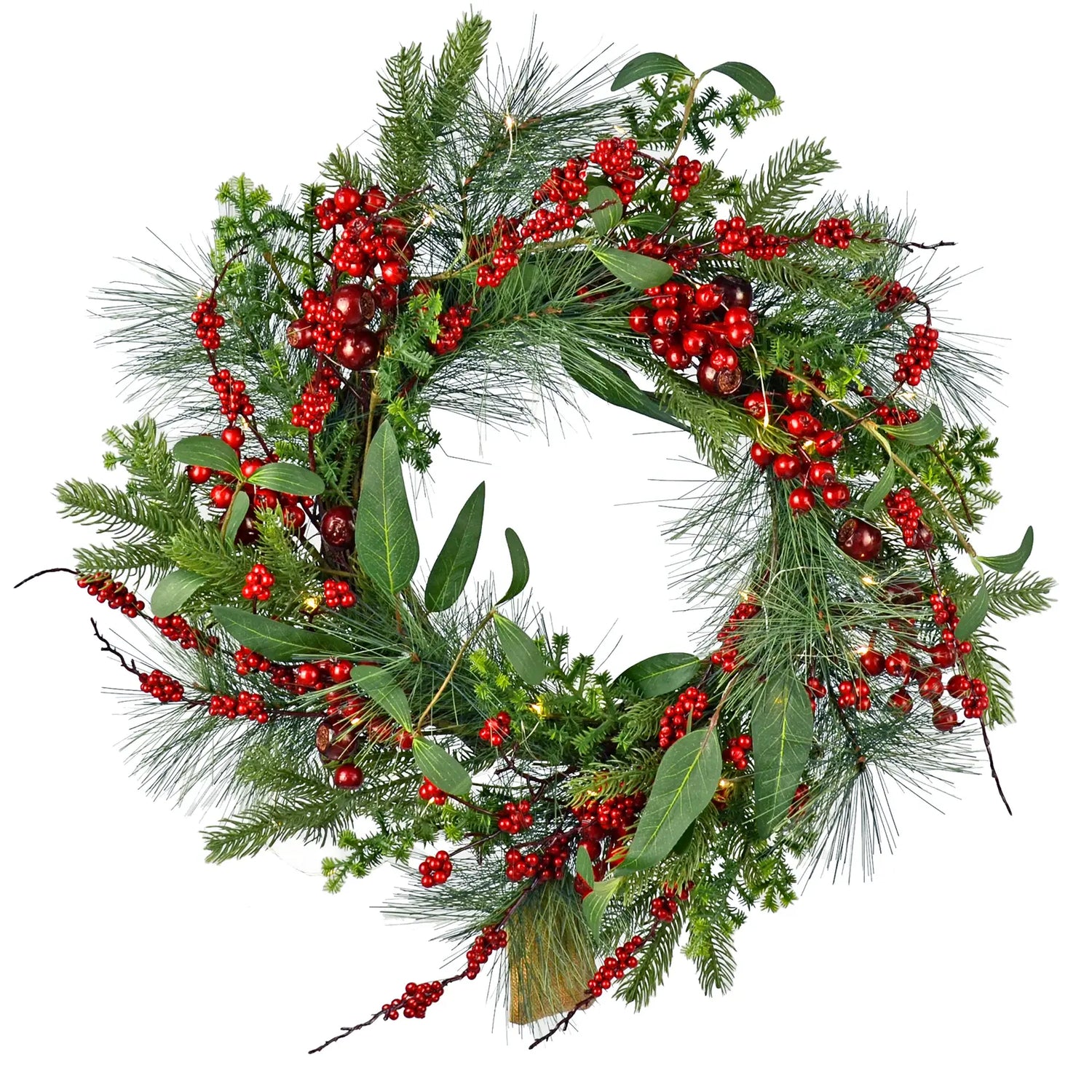 Mr Crimbo 60cm Light Up Christmas Wreath Natural Red Berries - MrCrimbo.co.uk -XS7611 - -