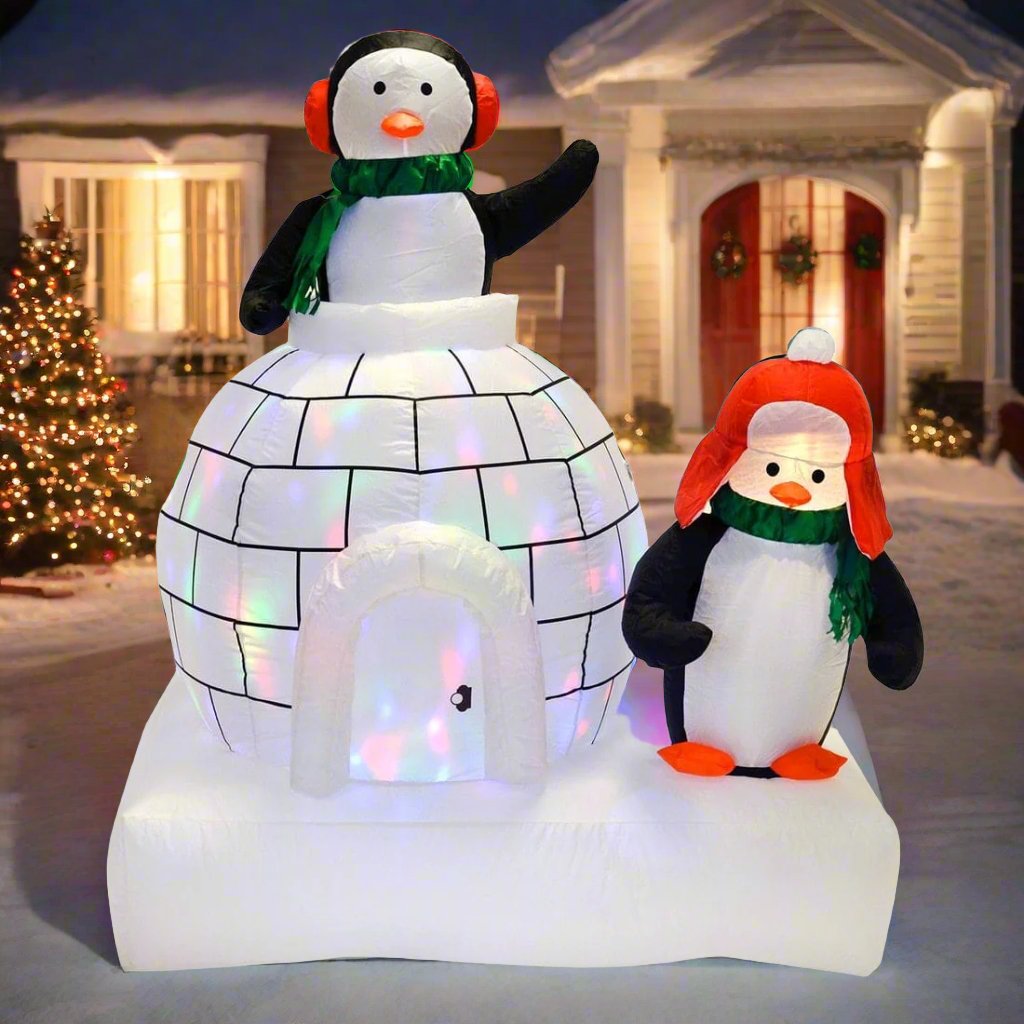 Mr Crimbo 5ft Penguin And Igloo Inflatable With Disco Lights - MrCrimbo.co.uk -XS4236 - -6ft inflatable