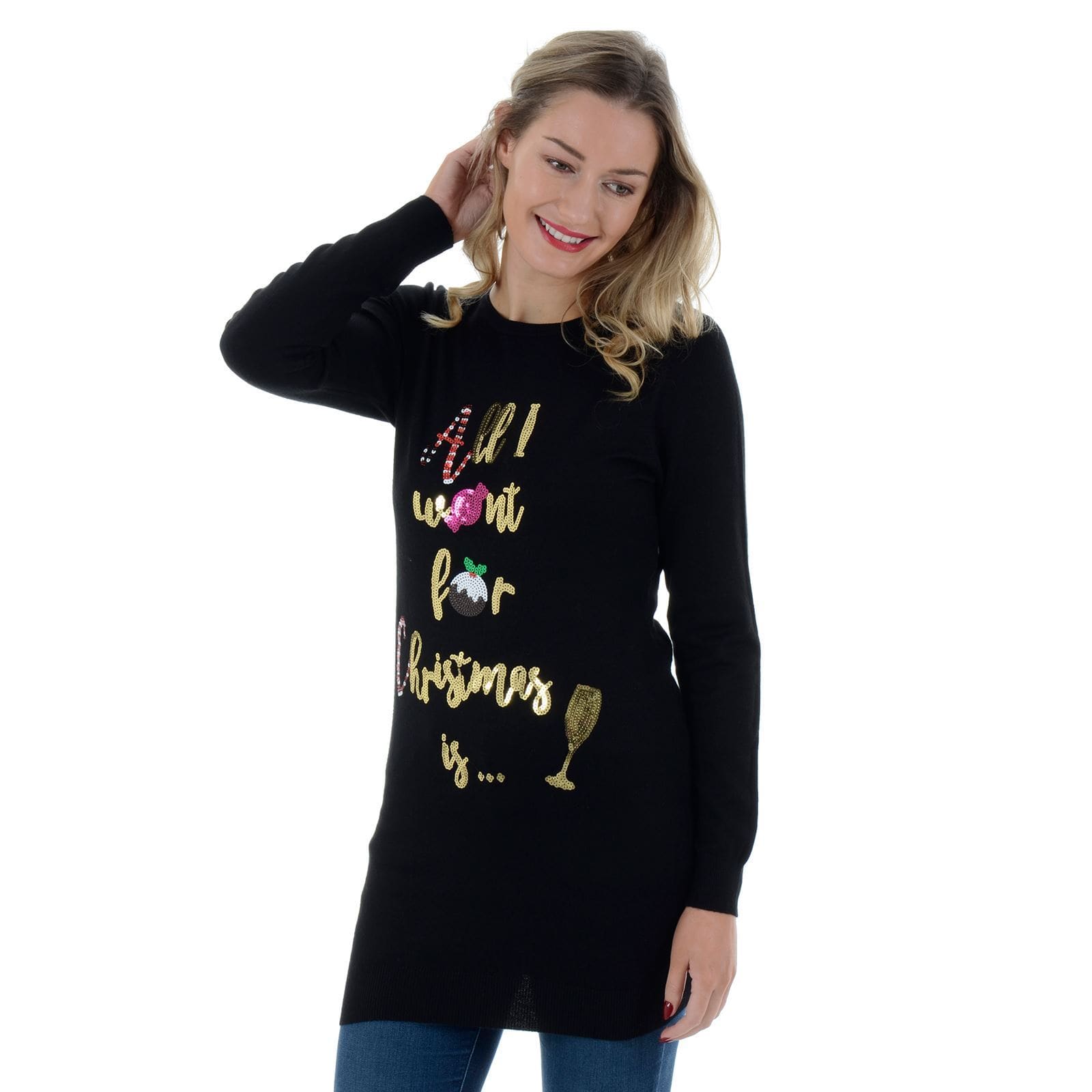 Mr Crimbo Ladies Longline Sparkly All I Want Christmas Jumper - MrCrimbo.co.uk -VISILW177_A - Black -black xmas jumper