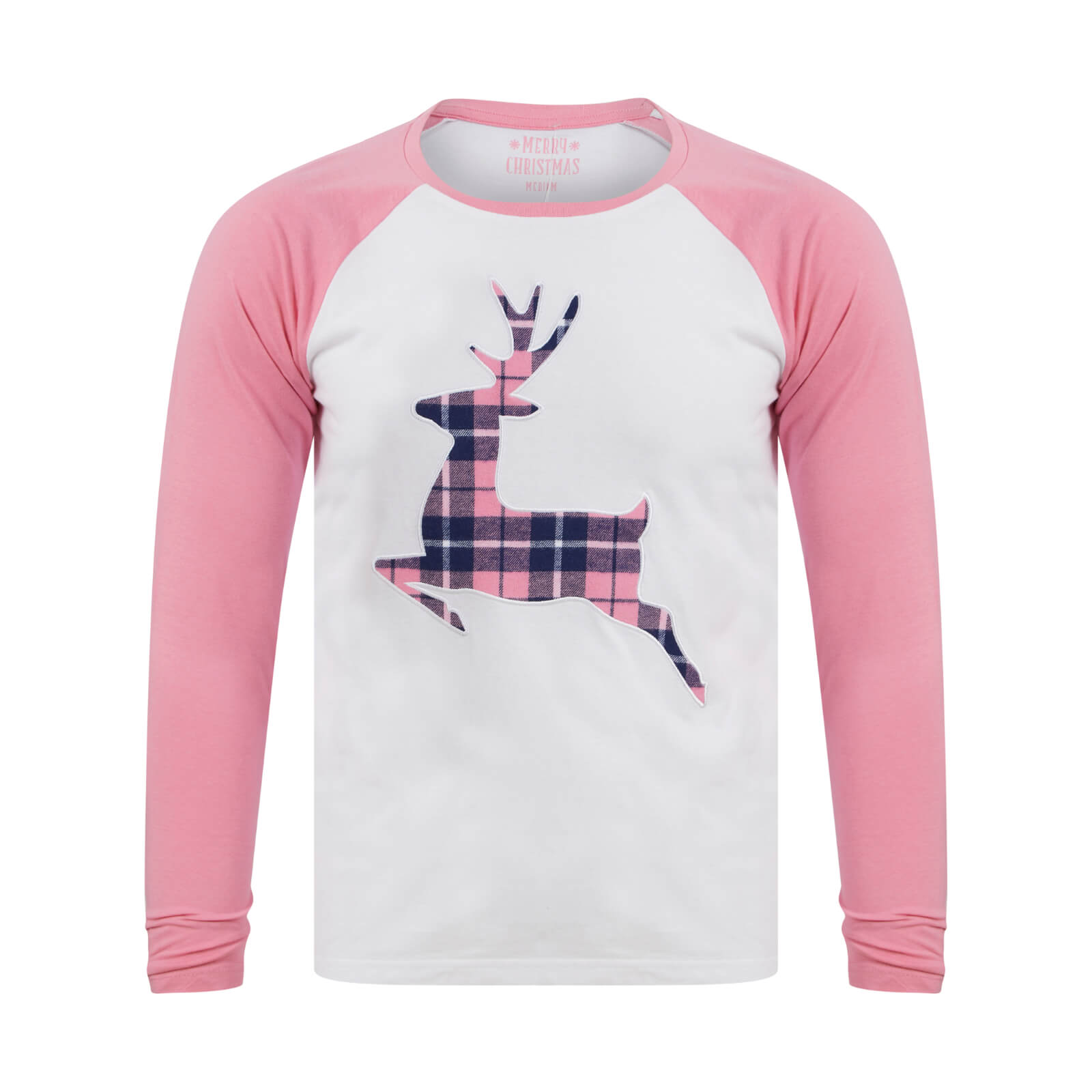 Mr Crimbo Womens Christmas Pyjama Set Reindeer/Stag Check Bottoms - MrCrimbo.co.uk -SRG3Q17468_E - Pink/Navy -Black