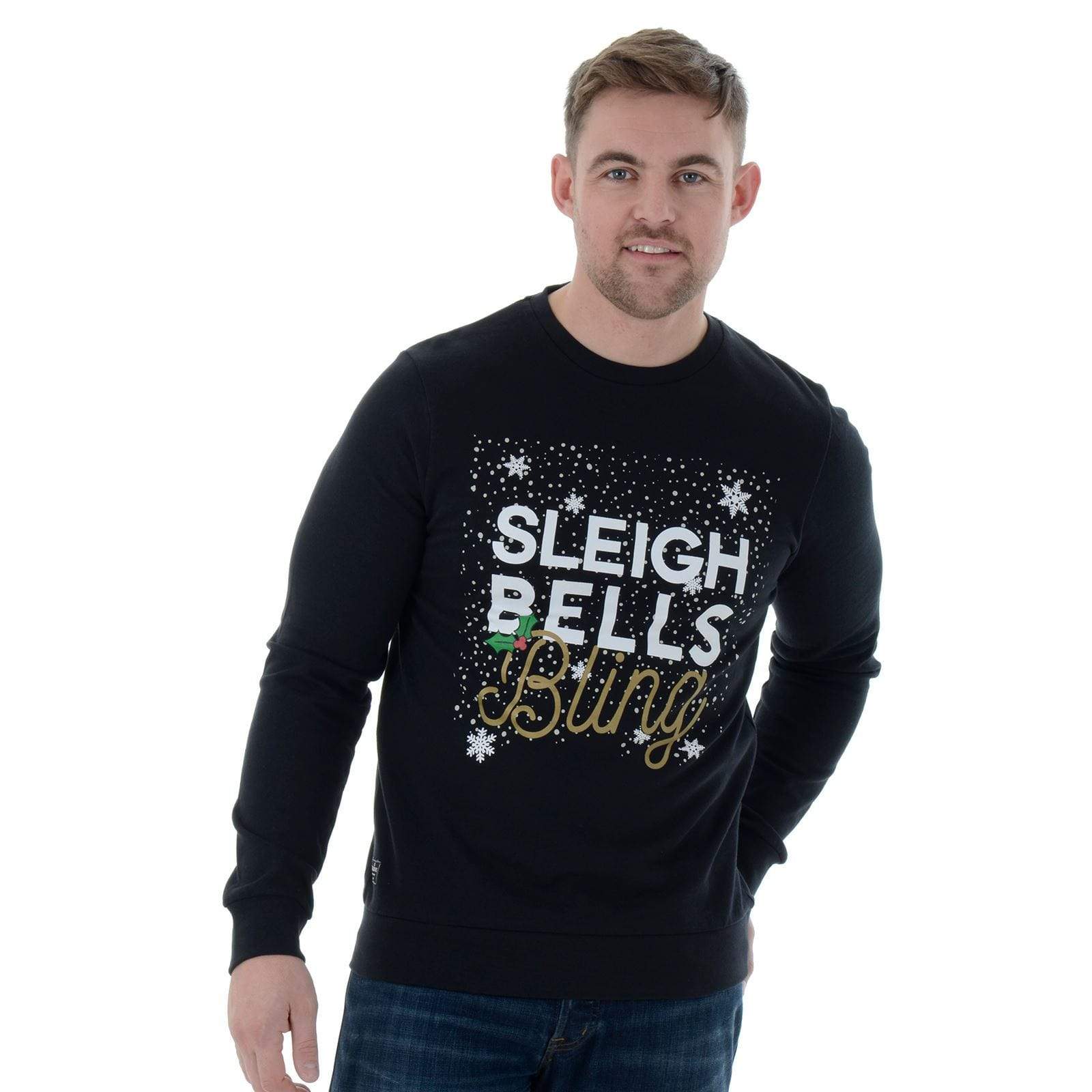 Mr Crimbo Mens Bling Slogan Crew Christmas Jumper Sweater - MrCrimbo.co.uk -VISFMV032_C - Black -bling jumper