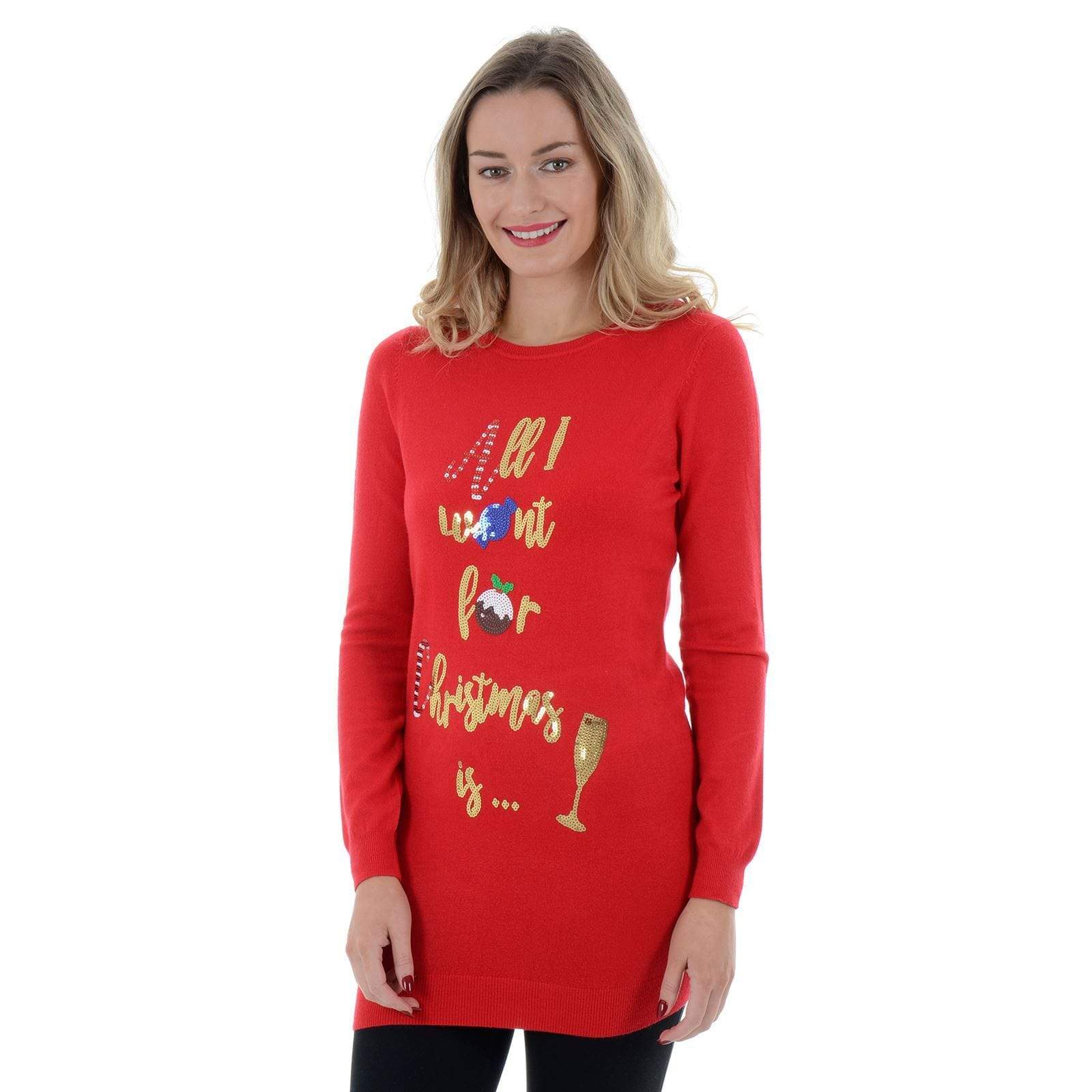 Mr Crimbo Ladies Longline Sparkly All I Want Christmas Jumper - MrCrimbo.co.uk -VISILW177_F - Red -black xmas jumper