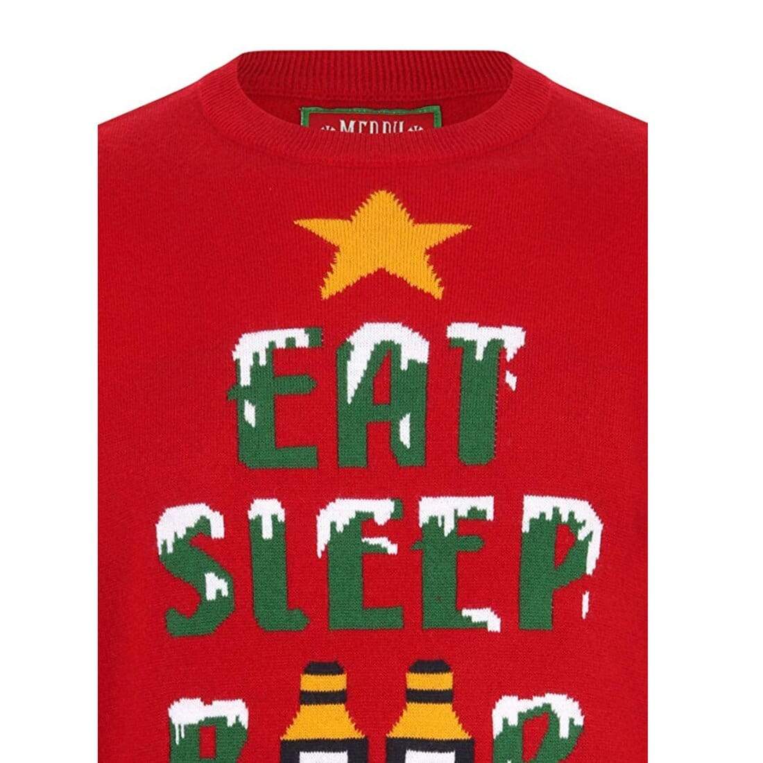 Mr Crimbo Mens Eat Sleep Beer Repeat Christmas Jumper - MrCrimbo.co.uk -SRG1A13463_F - Red -booze jumper