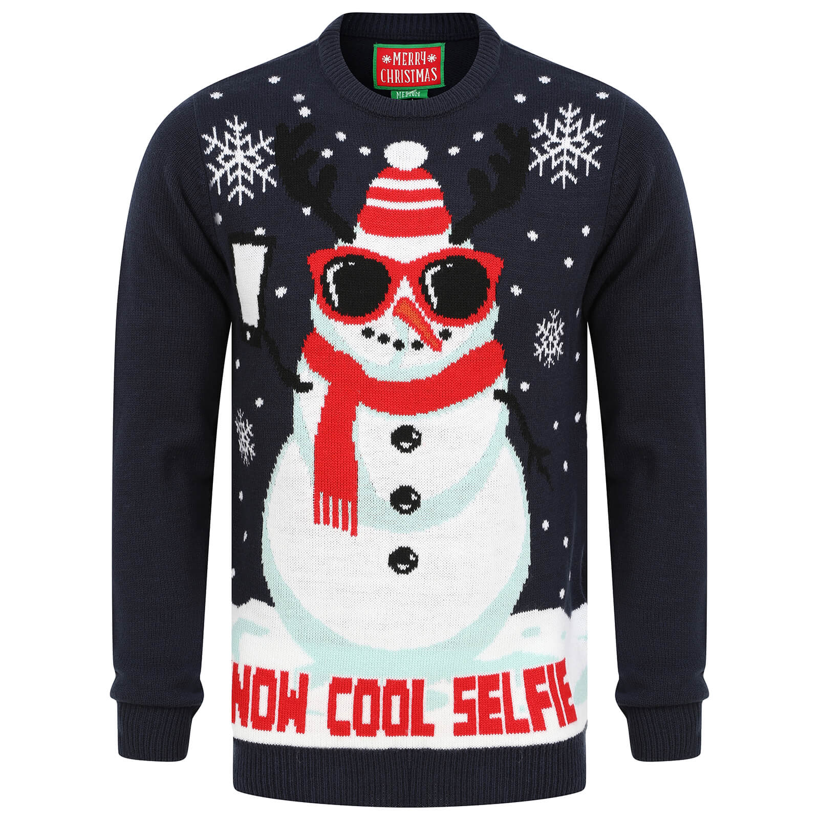 Mr Crimbo Mens Snowman Christmas Jumper Snow Cool Selfie - MrCrimbo.co.uk -SRG1A15799_F - Blue -Blue