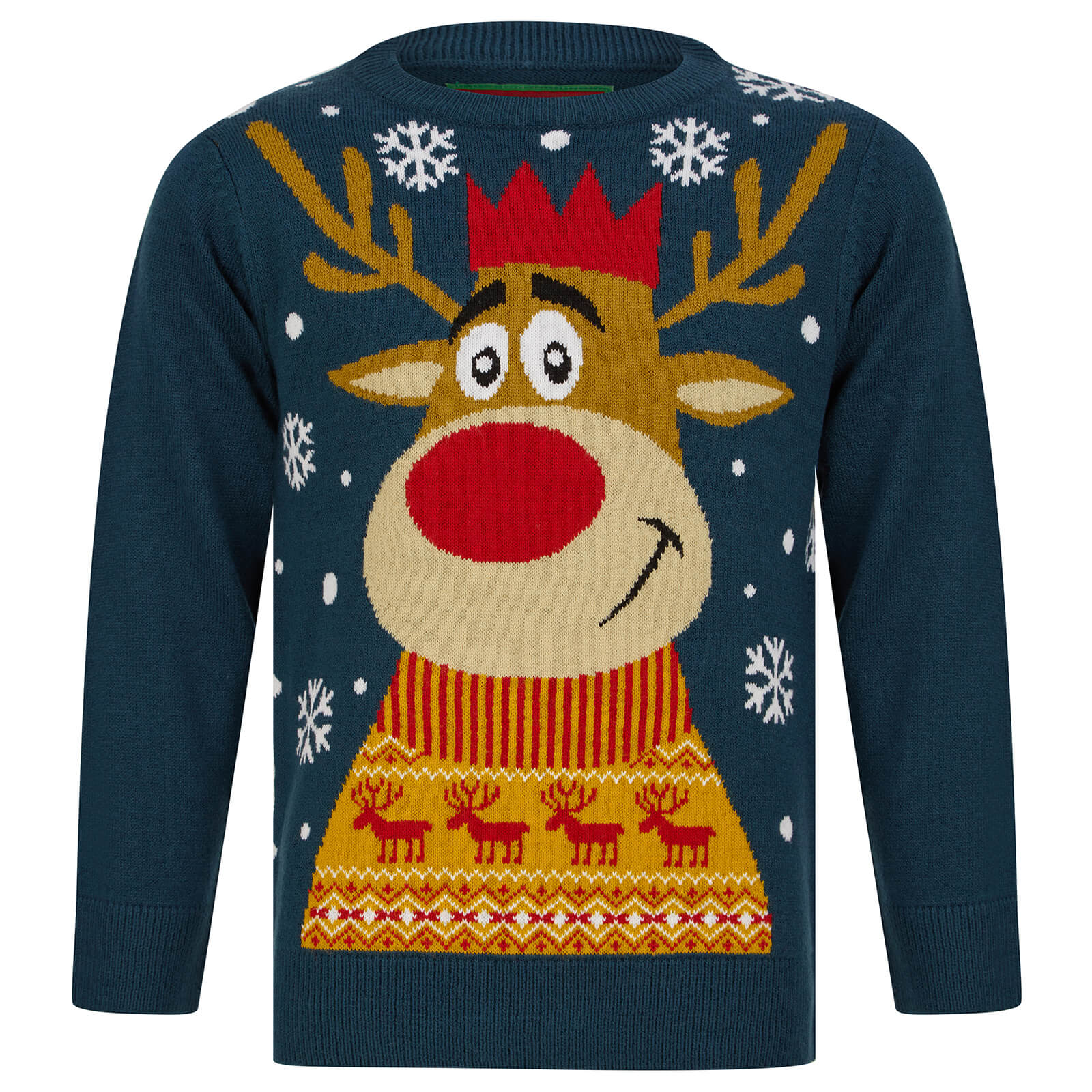 Mr Crimbo Kids Christmas Jumper Smiling Rudolph Snowflakes - MrCrimbo.co.uk -SRG2A17151_A - Teal -christmas jumper