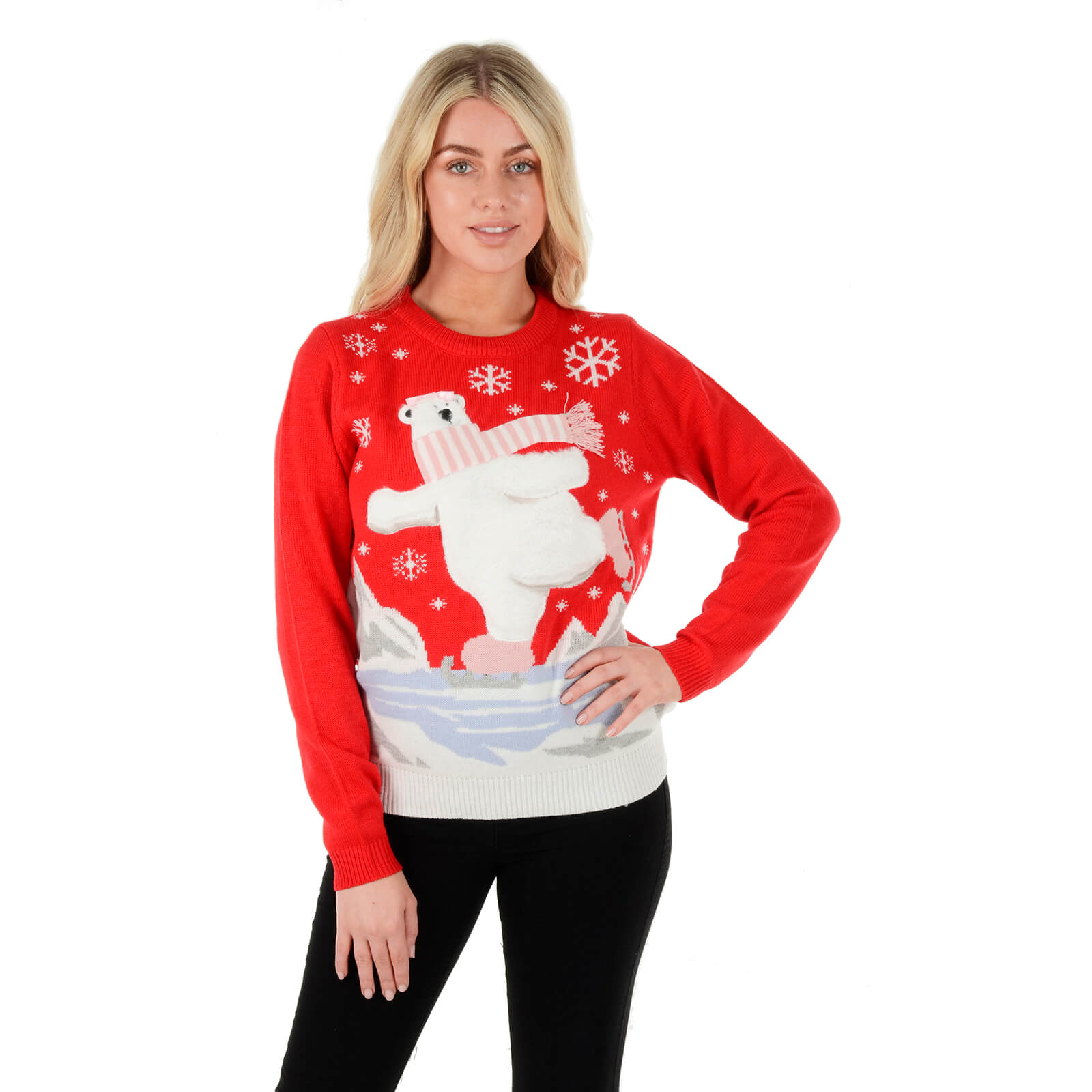 Mr Crimbo Ladies Christmas Jumper Polar Bear Ice Skating Red - MrCrimbo.co.uk -SRG3A15865_A - S -jumper