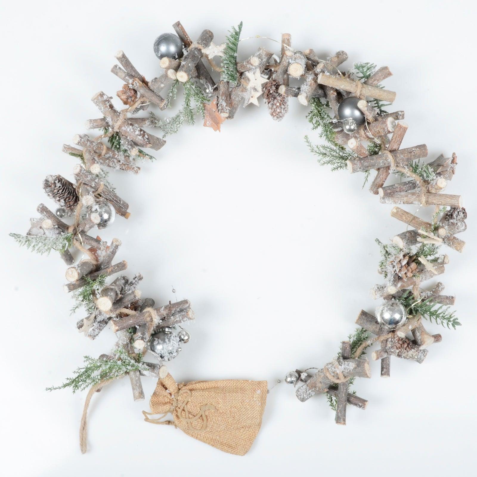 Mr Crimbo 1m Pre-Lit Grey Wooden Garland Twigs Cones - MrCrimbo.co.uk -XS5773 - -rustic christmas decotions