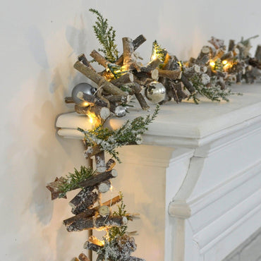 Mr Crimbo 1m Pre-Lit Grey Wooden Garland Twigs Cones - MrCrimbo.co.uk -XS5773 - -rustic christmas decotions