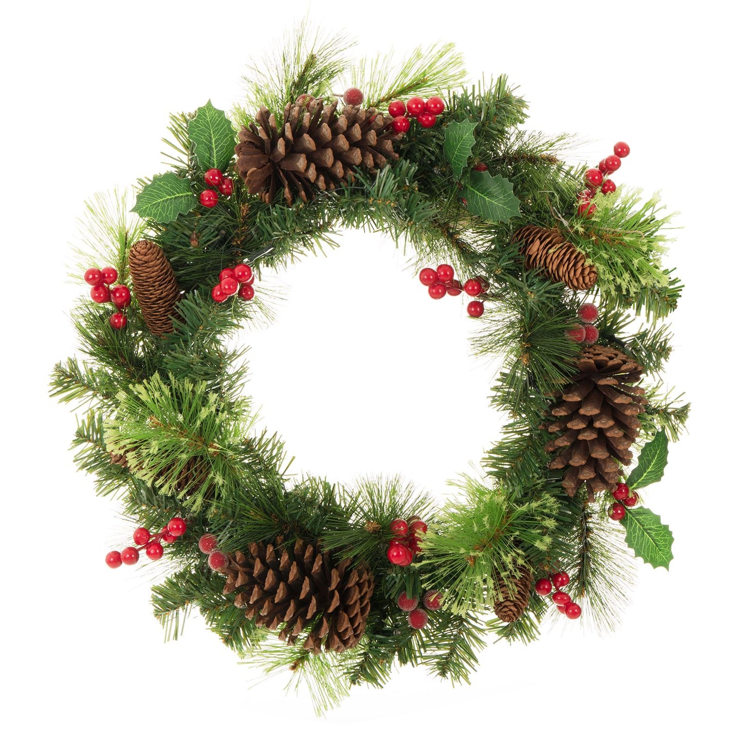 Mr Crimbo Pre-Lit Christmas Wreath Pine Cones Holly 20" - MrCrimbo.co.uk -XS5816 - -20" wreath