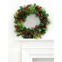 Mr Crimbo Pre-Lit Christmas Wreath Pine Cones Holly 20" - MrCrimbo.co.uk -XS5816 - -20" wreath