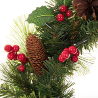 Mr Crimbo Pre-Lit Christmas Wreath Pine Cones Holly 20" - MrCrimbo.co.uk -XS5816 - -20" wreath