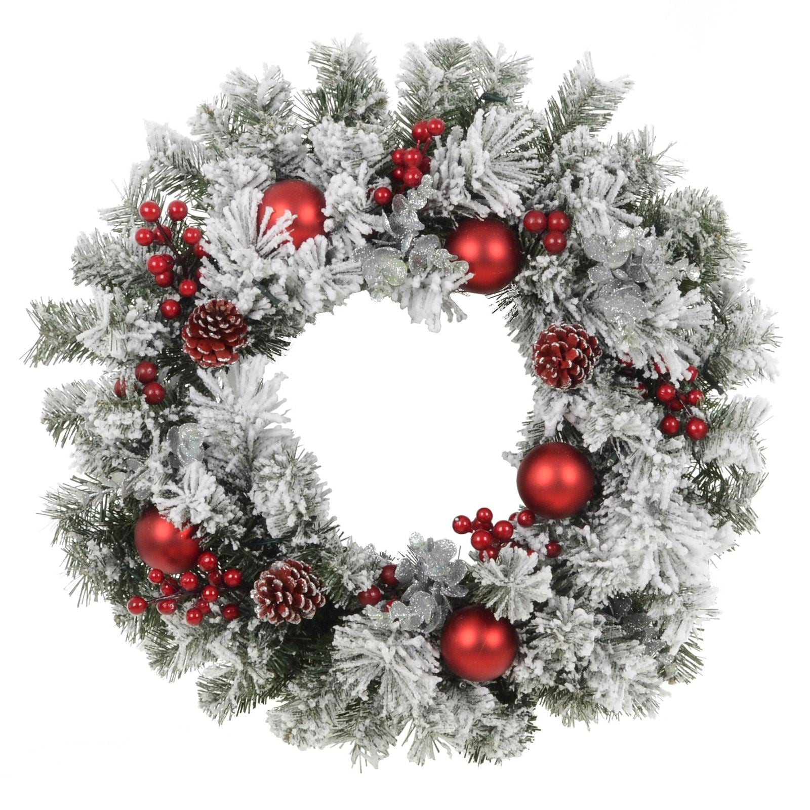 pre-lit snow flocked christmas wreath with red baubles and berry clusters