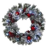 flocked 24" silver wreath with bright white lights