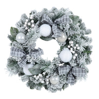 Mr Crimbo Grey Tartan Snow Flocked Christmas Wreath 24" - MrCrimbo.co.uk -XS6434 - -christmas wreath