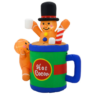 Large inflatable Christmas decoration gingerbread man in hot cocoa cup with marshmallows and candy stick