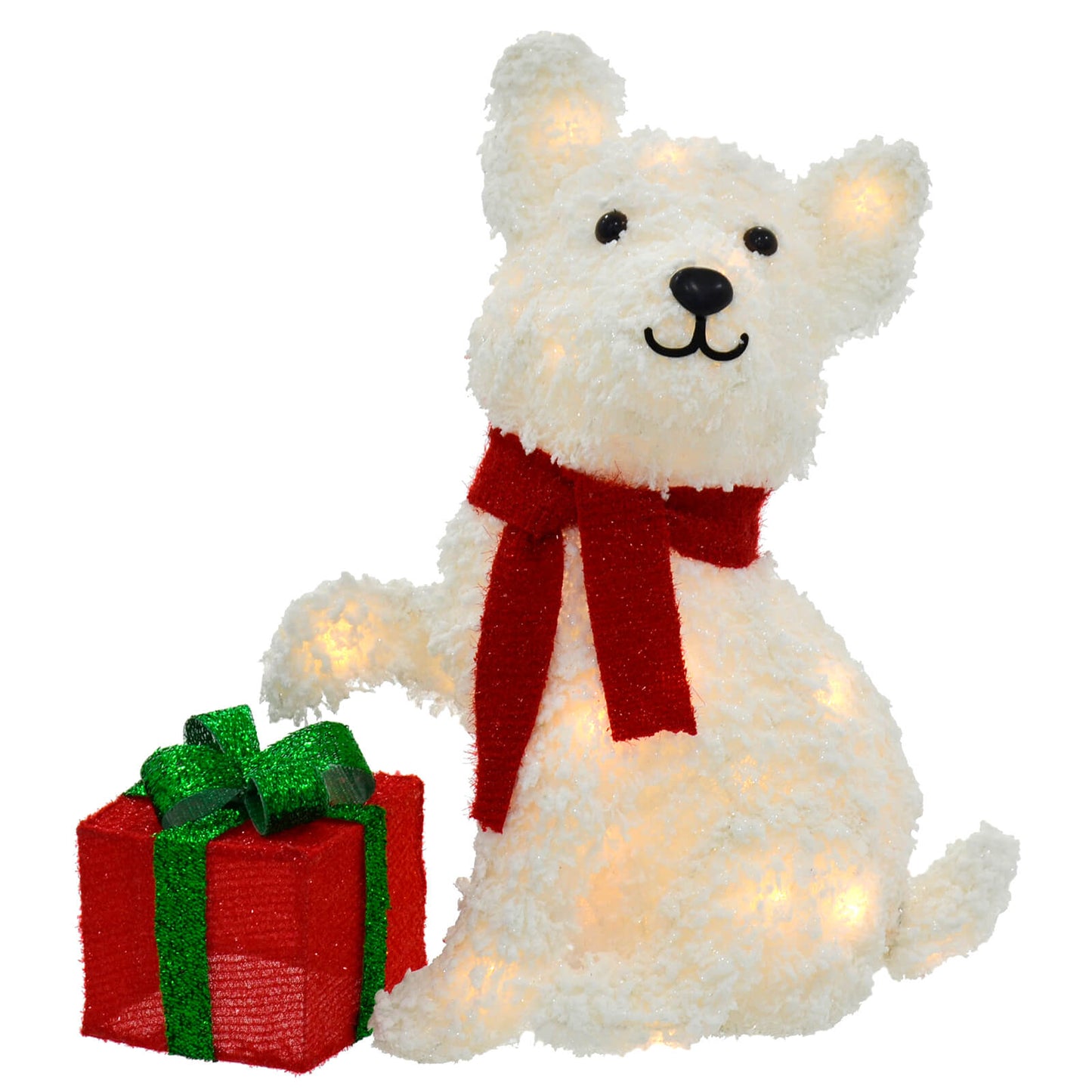 Mr Crimbo White LED Snow Dog With Gift Christmas Decoration 56cm - MrCrimbo.co.uk -XS7537 - -christmas figure