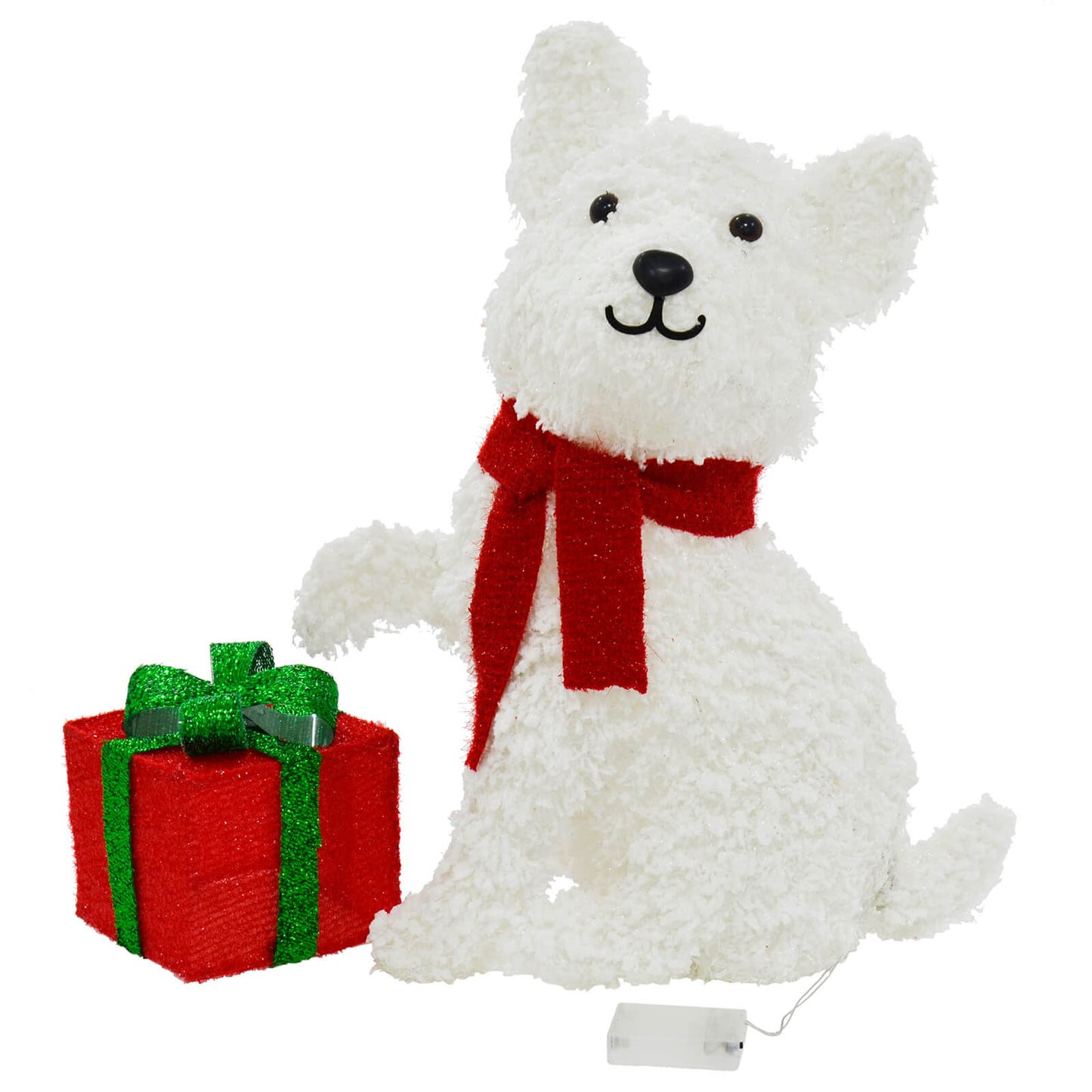 Mr Crimbo White LED Snow Dog With Gift Christmas Decoration 56cm - MrCrimbo.co.uk -XS7537 - -christmas figure