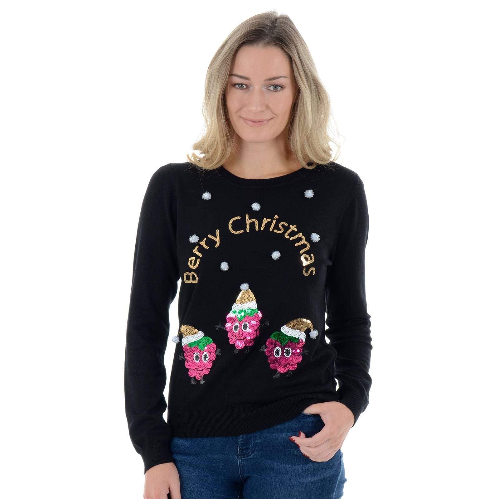 Mr Crimbo Ladies Sparkly Berry Christmas Jumper Sequin Slogan MrCrimbo